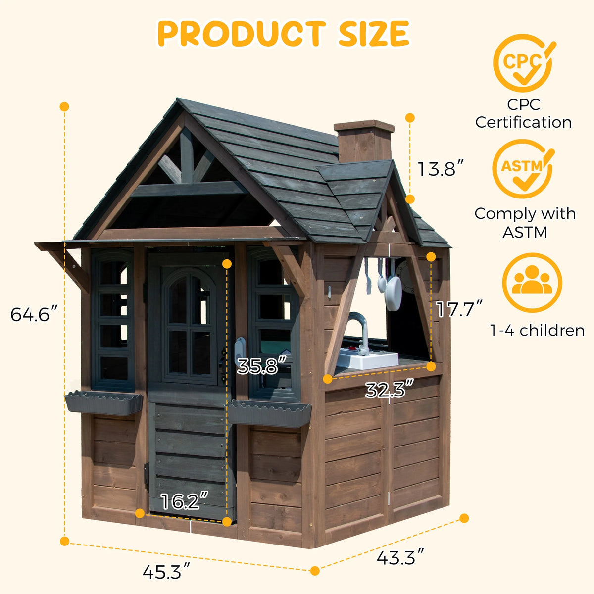 COCLUB Outdoor Playhouse for Kids Ages 4-8, Wooden Play House with Doorbell, Phone, Kitchen Toys, Outdoor Kids Play Equipment, Casa Para Ni?as (45��L x 65��H), White & Black