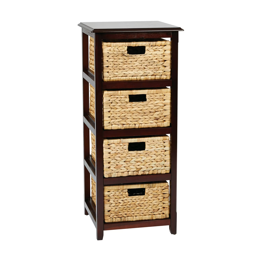 OSP Home Furnishings Seabrook Four-Tier Storage Unit With Espresso Finish and Natural Baskets