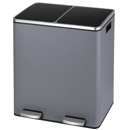 LAZY BUDDY Dual Garbage Can, Stainless Steel 16 Gallon Step Kitchen Trash Can with Soft-Close Lid, Double Compartment Garbage Recycling Bin