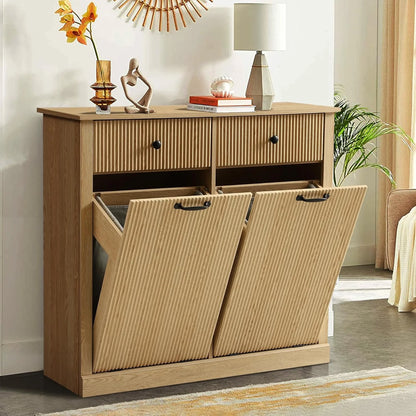 Haverchair Double Tilt Out Laundry Hamper Cabinet, Modern Fluted Trash Can Cabinets with Drawer, Wooden Hidden Garbage Cabinet for Kitchen and Bathroom