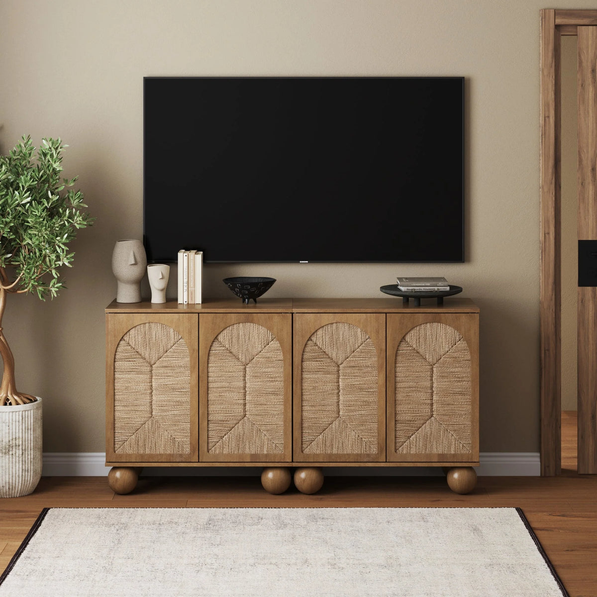Nathan James Leah Boho Entryway Storage Cabinet or Sideboard Cabinet for Kitchen or Living Room with Ball-Style Feet, Natural Seagrass Door Fronts and Solid Wood Legs, Raw Oak
