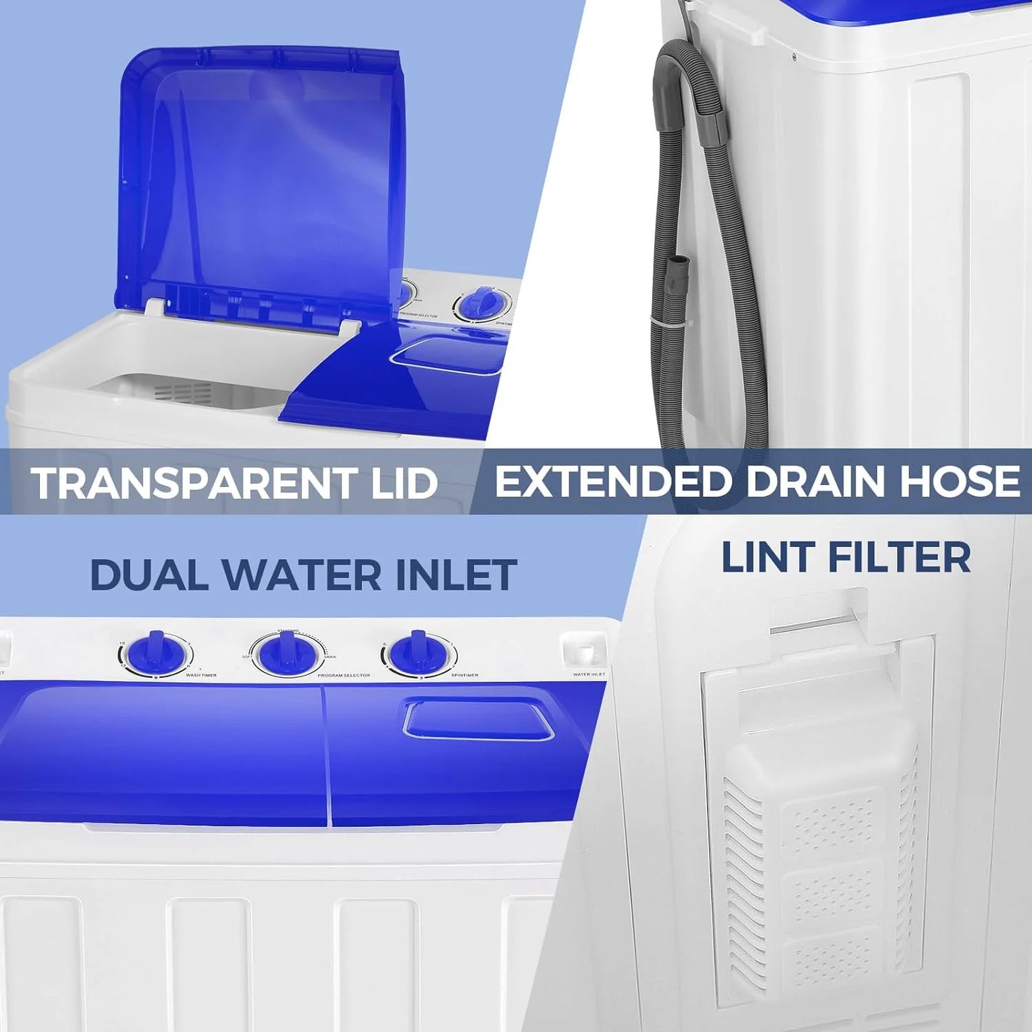 Qhomic Portable Washer 30lbs, 2-in-1 Twin Tub Washer & Dryer Combo Compact Semi-Automatic Washing Machine with Drain Pump, Black