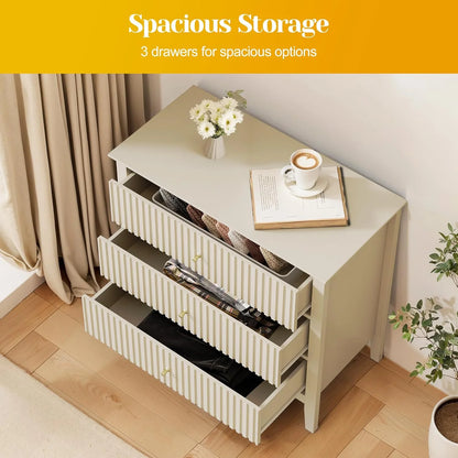 May Color Large White 3 Drawer Dresser Set of 2 with Fluted Panel, Modern Chest of Drawers with Silent Slide Drawers, Wood Accent Nightstand with Storage for Bedroom Living Room, Hallway
