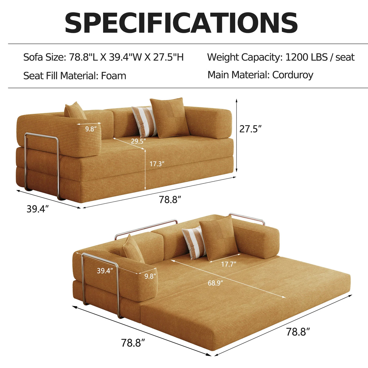 Convertible Sleeper Sofa Bed,Compressed Floor Boneless Couch,Modular Modern Corduroy Sofa for Living Room Bedroom -with Fixed-Shape Frame and Support Armrest,Easy Assembly(Green)