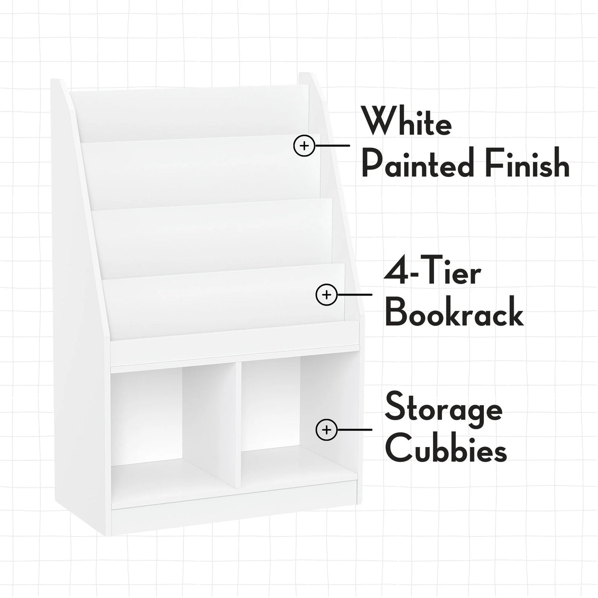 RiverRidge Kid Bookshelf Toy Storage Organizer with 4 Bookracks 2 Cubbies and 2 Gray Bins