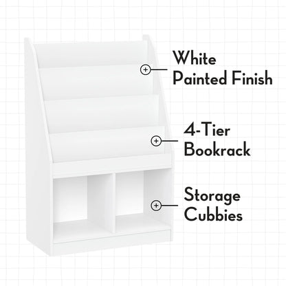 RiverRidge Kid Bookshelf Toy Storage Organizer with 4 Bookracks 2 Cubbies and 2 Gray Bins