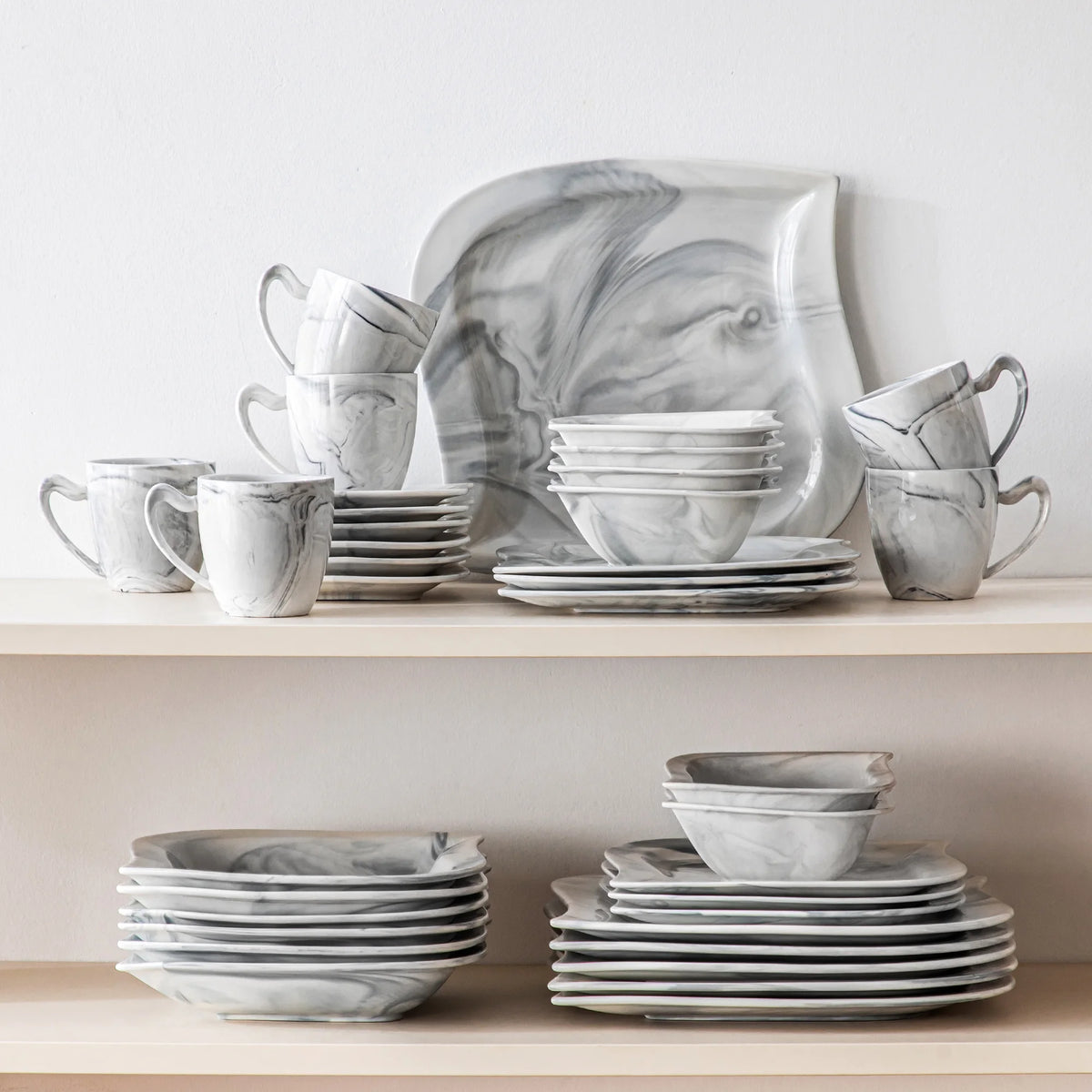 vancasso 36 pcs Dinnerware Sets, Plates and Bowls Set for 6, Porcelain Dinner Set, Marble Gray