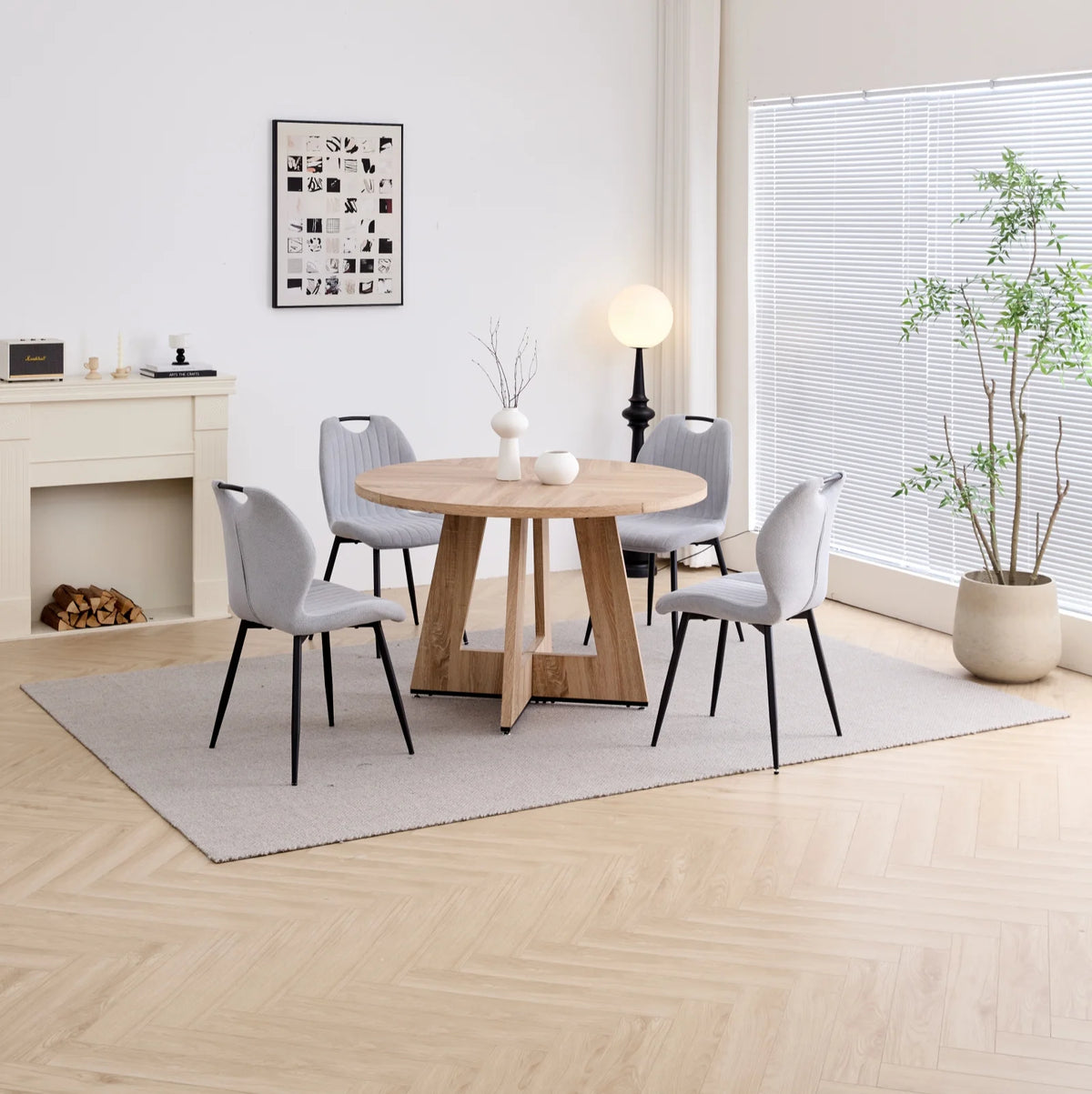 5 Piece 47'' Round Dining Table Chairs Set for 4, Farmhouse Gray Kitchen Table with 4 Boucle Mid Century Modern Dinning Room Chairs, Wood Dinner Table &Upholstered Chair Set of 4, Beige