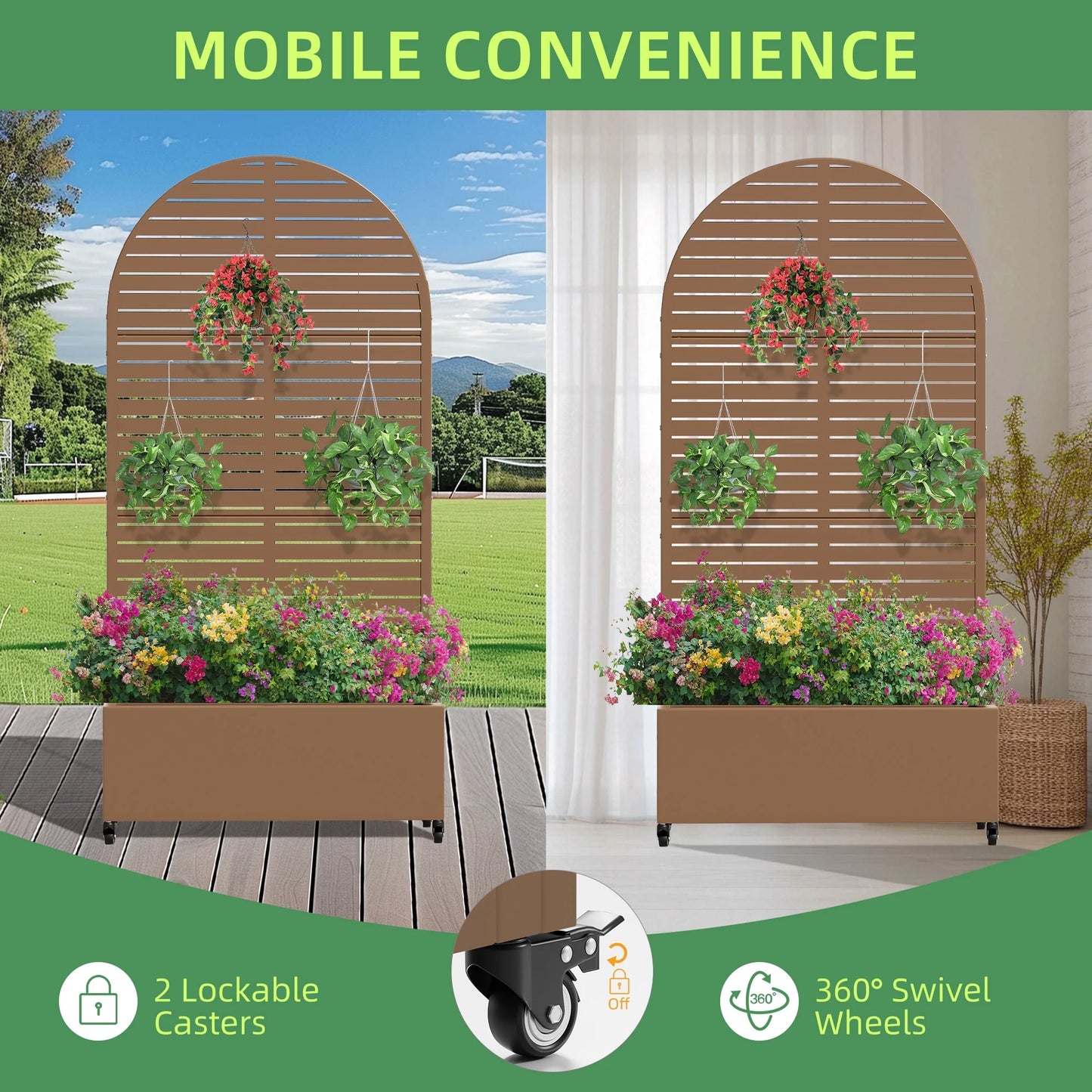 MAYEERTY 47*16*47"Outdoor White Metal Planter with Rect Louvered Climbing Trellis, Drainage hole & Wheels