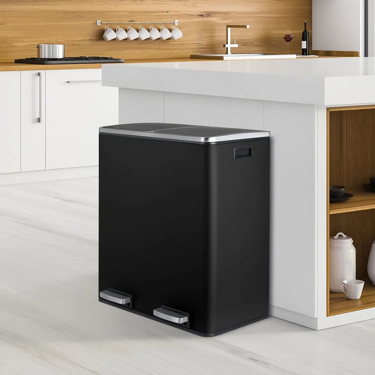 LAZY BUDDY Dual Garbage Can, Stainless Steel 16 Gallon Step Kitchen Trash Can with Soft-Close Lid, Double Compartment Garbage Recycling Bin
