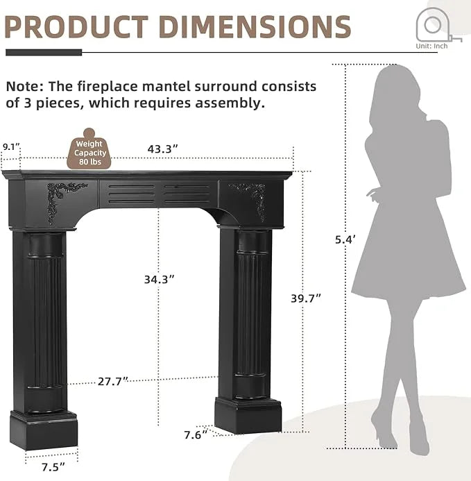 EPICOZY 43.3" Fireplace Mantel, Freestanding Fireplace Surround with Leg for Electric Fireplaces, MDF Mantel Surround with Shelf for Living Room with Decorative Pattern, Anti-Tipping & Waterproof