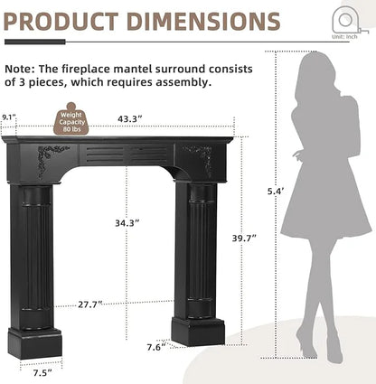EPICOZY 43.3" Fireplace Mantel, Freestanding Fireplace Surround with Leg for Electric Fireplaces, MDF Mantel Surround with Shelf for Living Room with Decorative Pattern, Anti-Tipping & Waterproof
