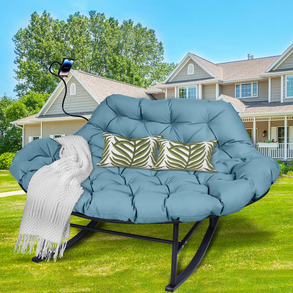 Outdoor Loveseat Rocking Chair with Thicken Cushion and Phone Holder for 2 Person for Garden Patio Yard (Beige)