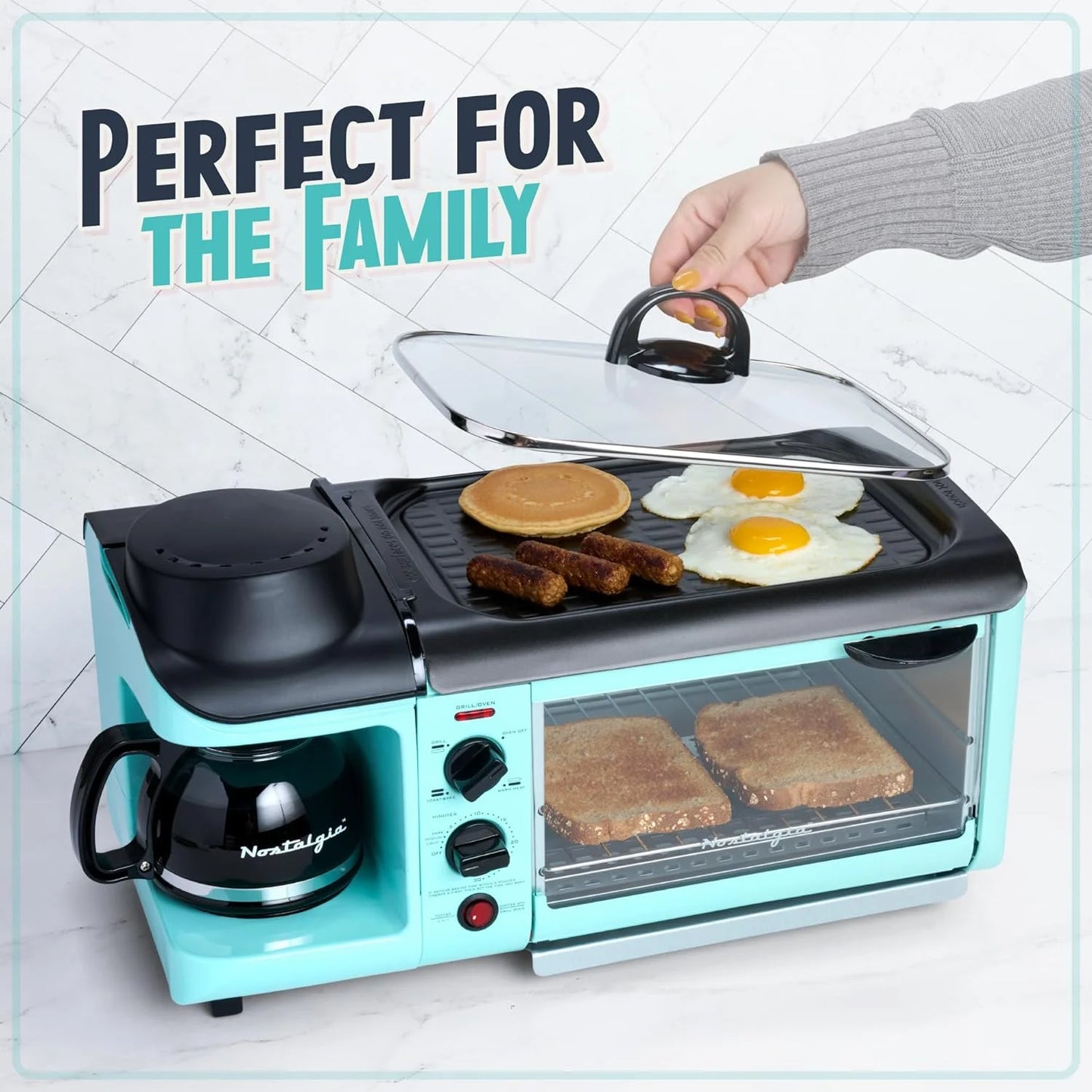3-in-1 Breakfast Station - Includes Coffee Maker, Non-Stick Griddle, and 4-Slice Toaster Oven - Versatile Breakfast Maker with Timer - Aqua