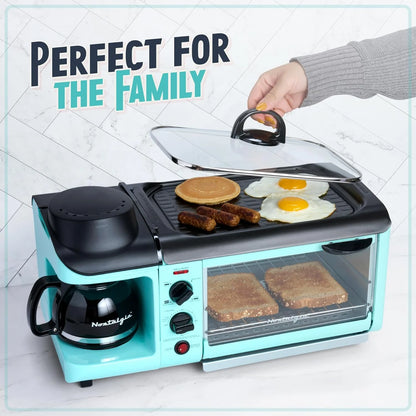 3-in-1 Breakfast Station - Includes Coffee Maker, Non-Stick Griddle, and 4-Slice Toaster Oven - Versatile Breakfast Maker with Timer - Aqua
