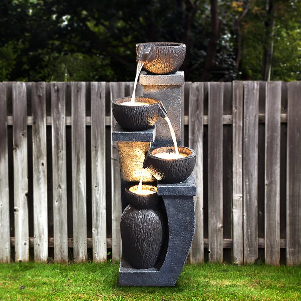 37.4��H Outdoor Water Fountain with 4 Crocks, Modern LED Lighted Garden Floor Fountain for Patios and Yards �C Durable Resin Water Feature with Cascading Waterfall Design for Indoor/Outdoor D��cor