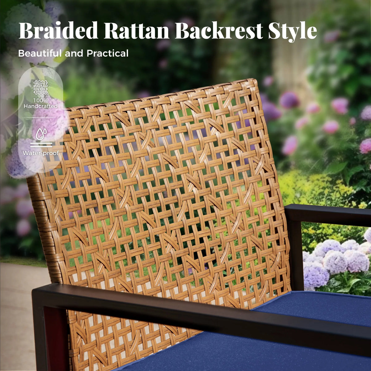 MF Studio 4-Piece All-Weather Rattan Patio Furniture Set, Outdoor Conversation Set with Wood Table, Brown and Beige