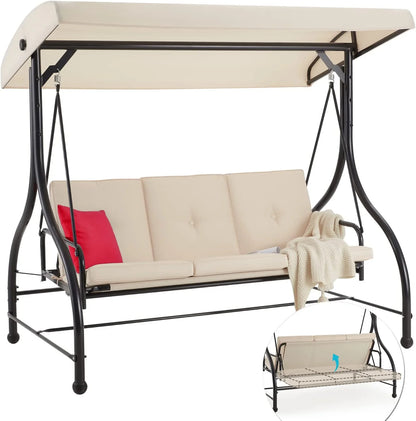 AECOJOY 3 Person Canopy Steel Porch Swing, Converting Swing Glider Hammock-Beige