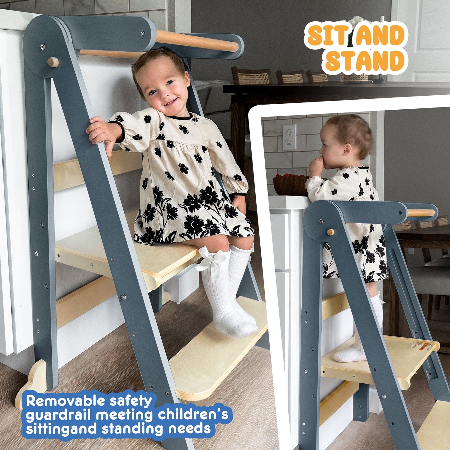 HARPPA Foldable Toddler Kitchen Tower, Standing Tower for Kids Age 1.5-6 Years, White