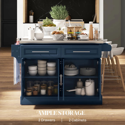HOMCOM Multi-functional Rolling Kitchen Island Cart with Cabinets and Drawers, Portable Kitchen Storage Cabinet with Spice Rack, Towel Rack, Knife Rack, Steel Top