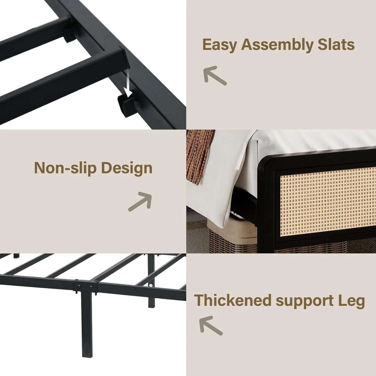4 EVER WINNER Queen Size Bed Frame, Rattan Bed Frame with Natural Rattan Headboard and Footboard, No Box Spring Needed, Black