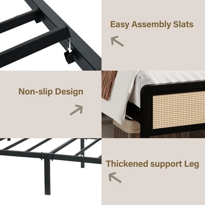 4 EVER WINNER Queen Size Bed Frame, Rattan Bed Frame with Natural Rattan Headboard and Footboard, No Box Spring Needed, Black