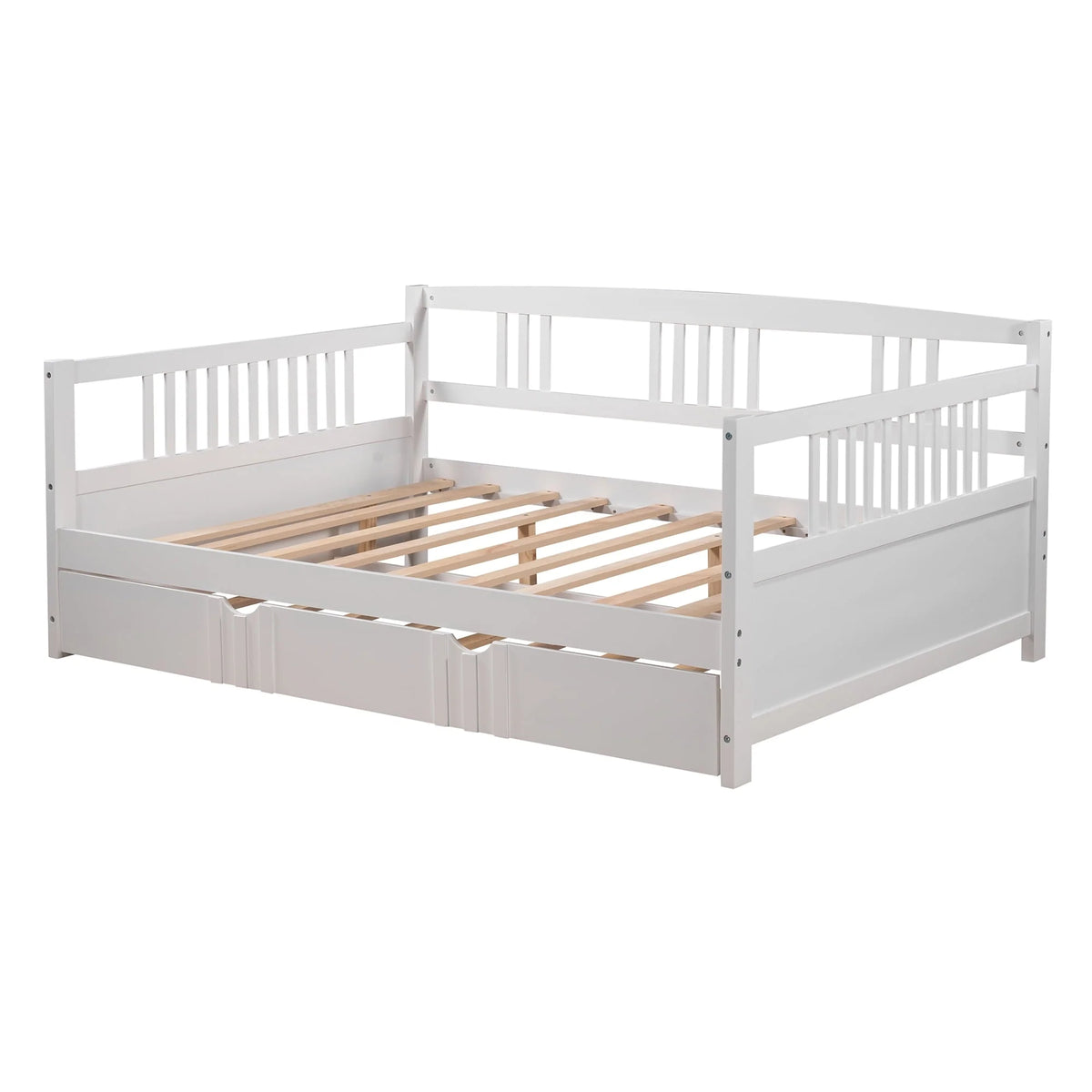Daybed with Trundle Included, Full Size Daybed Bed Frame with Headboard and Footboard, Living Room Sofa Bed with Pull Out Bed, Wood Single Bed for Kids Boys Girls, No Box Spring Needed, White, J948