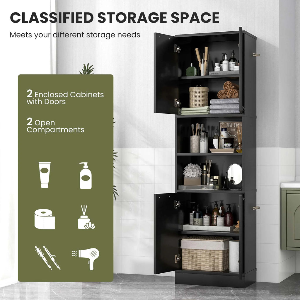 Costway 75" Tall Bathroom Storage Cabinet with 4 Doors & 2 Open Compartments Freestanding White