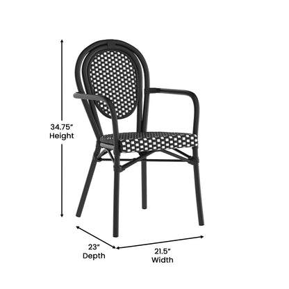 Merrick Lane Stacking Thonet French Bistro Style Chair with Arms, Black & White PE Rattan Seat, and Bamboo Finished Metal Frame for Indoor/Outdoor Use