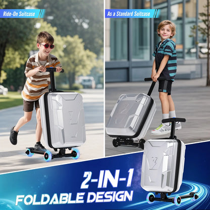 Advwin Ride-On Scooter Suitcase with LED Light-up Wheels, Hardshell Lightweight Foldable Rideable Luggage for Kids & Adults, Silver