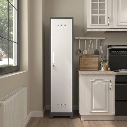 Marcree Slim Broom Storage Cabinet, Metal Cabinet with Shelves and Hanging Rod, 65" Utility Storage Cabinet with Locking Door, Tall Cleaning Storage Cabinet for Kitchen, Pantry, Office, Shop, Garage