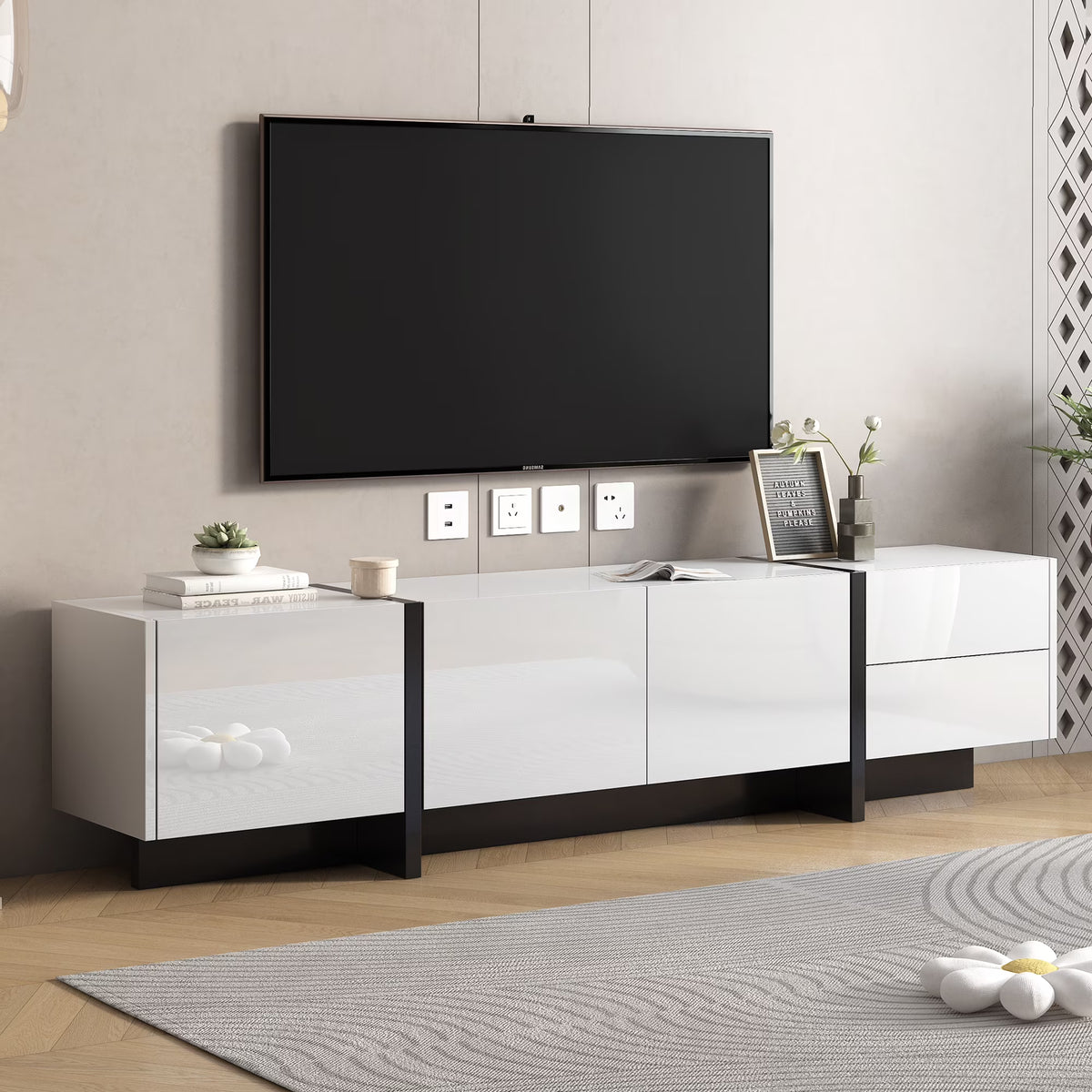 EUROCO Mid-Century Modern TV Stand Up to 80" Contemporary Rectangle ,Unique Style TV Console Table with Cabinet&High Gloss UV Surface for Living Room Bedroom