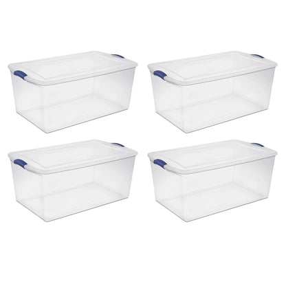 Sterilite 105 Quart Latch Box, Clear Plastic Storage Bin with Clear Lid, Blue, 4 Count