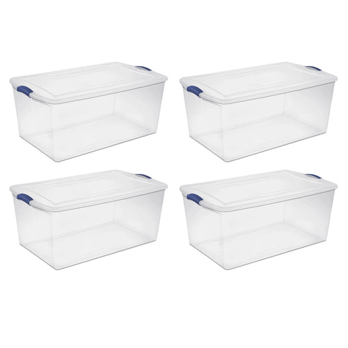 Sterilite 105 Quart Latch Box, Clear Plastic Storage Bin with Clear Lid, Blue, 4 Count