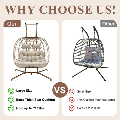 RADIATA Double Wicker Egg Swing Chair with Stand, 2-Person Hanging Egg Chair for Indoor/Outdoor, 700lbs Capacity, Thick Cushions & Headrest,Sturdy Metal Frame��Dark Gray