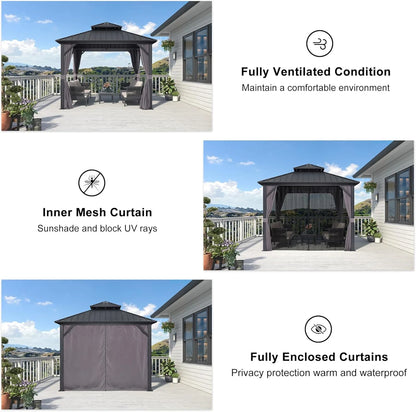 PURPLE LEAF 8' X 8' Gazebo Outdoor Gazebo Permanent Hardtop Gazebo with Galvanized Steel Double Roof for Patio Backyard Deck Aluminum Gazebo with Netting and Curtains Grey