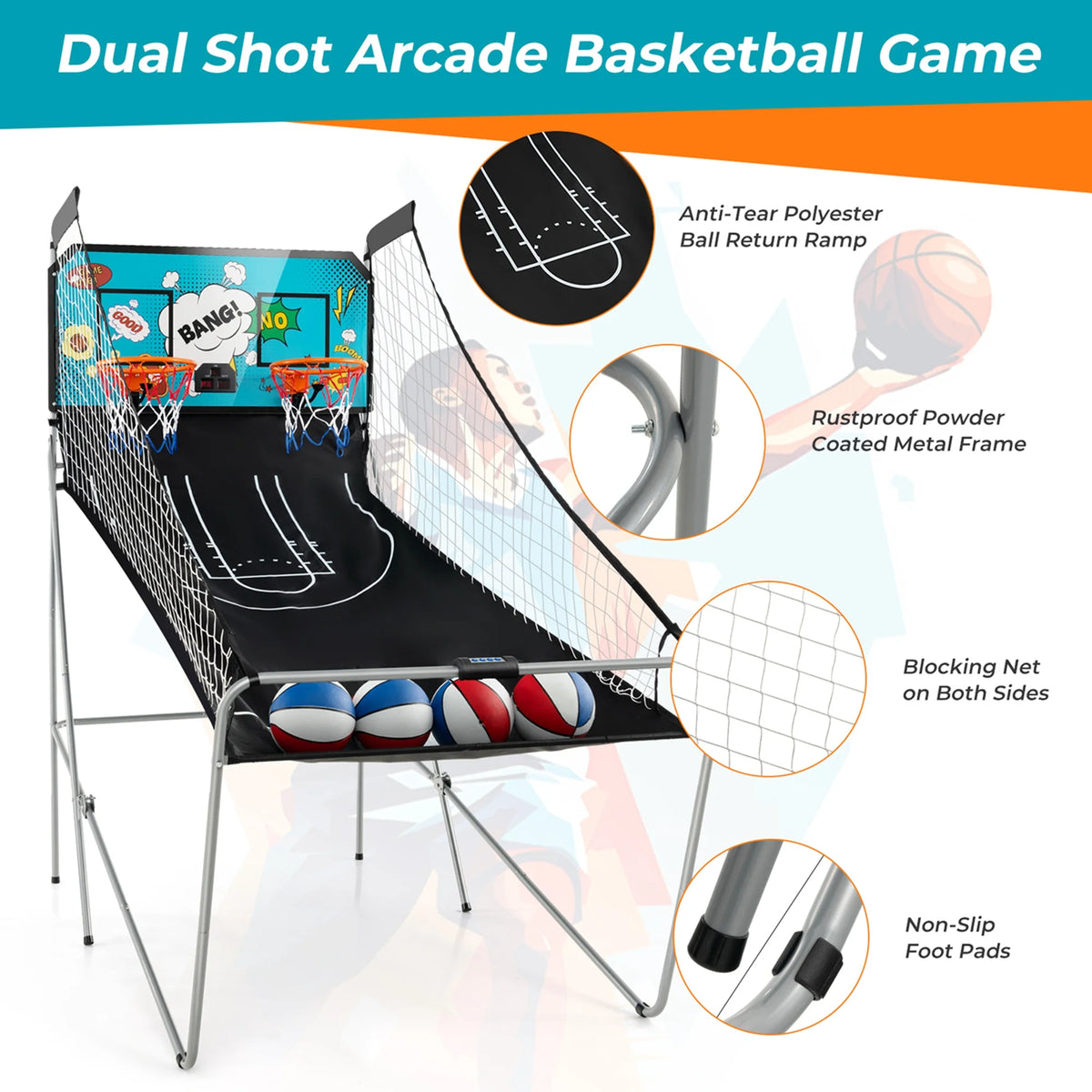 Costway Dual Shot Basketball Arcade Game with 8 Game Modes Electronic Scoring Blue