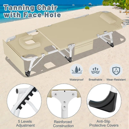 MOPHOTO Lounge Chair with Mattress, Outdoor Chaise Lounge Support 440 Lbs, Adjustable Portable Heavy Duty Sleeping Cots Bed for Camping, Pool, Beach, Patio