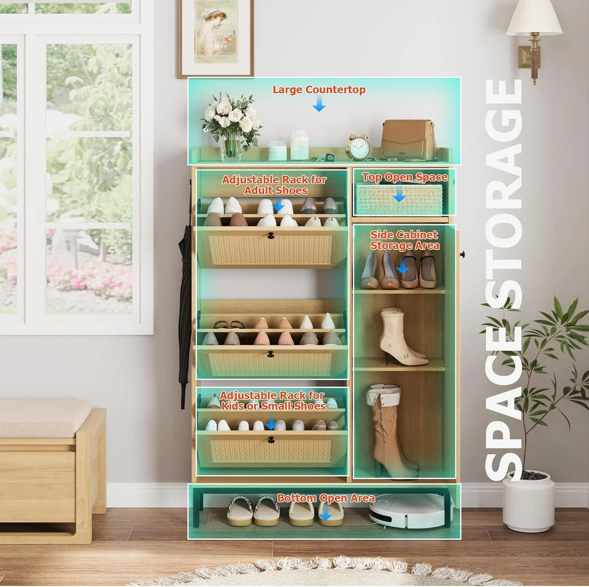 Garvee Rattan Shoe Storage Cabinet with Doors and 3 Flip Drawers, Freestanding Organizer with Adjustable Shelves for Entryway, Narrow Shoe Rack Cabinet for Hallway, Easy Assembly, Oak Color