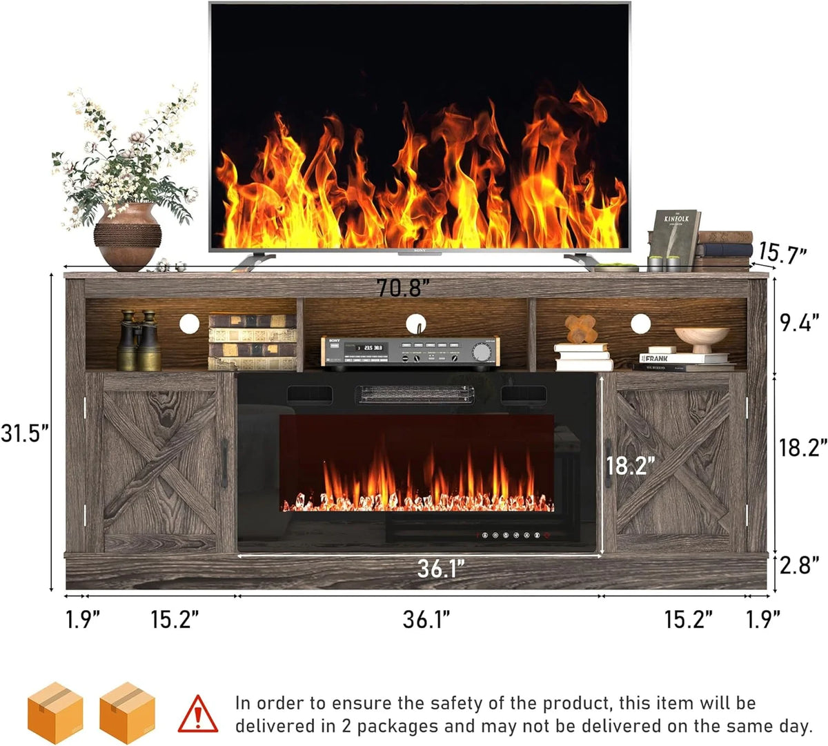 ChVans 70" Fireplace TV Stand for TVs up to 80" with 36" Electric Fireplace, Farmhouse Entertainment Center with LED, Wooden Media Console for Living Room, Bedroom