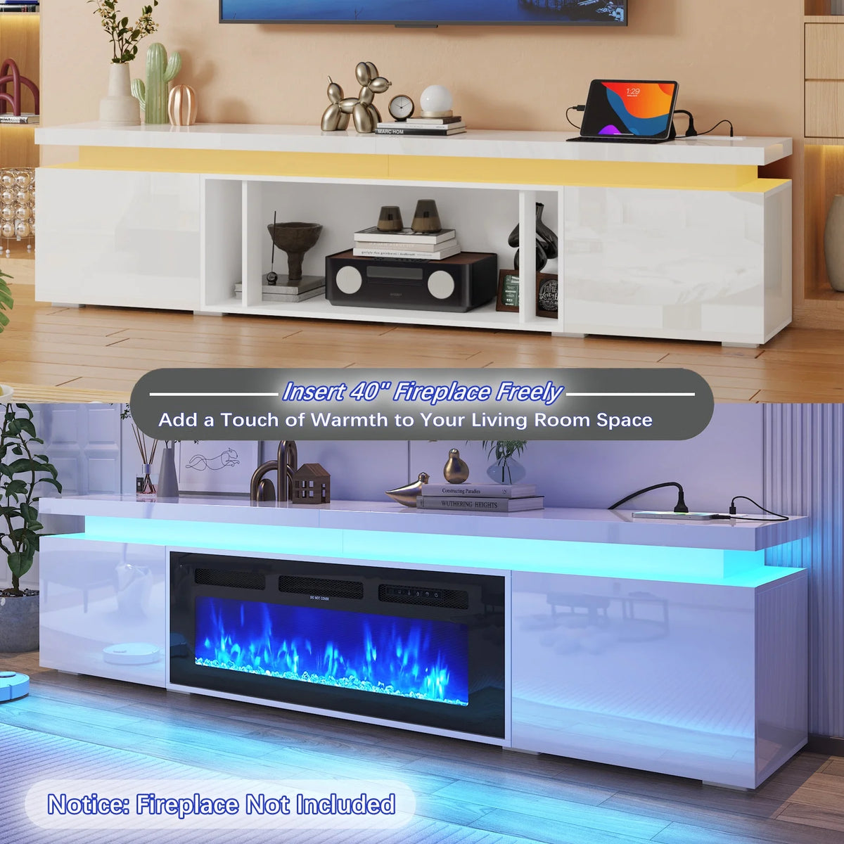 Blotout High Gloss LED TV Stand for up to 80" TVs /40" Electric Fireplace, 71" Large Entertainment Center Console Table with Power Charging Station