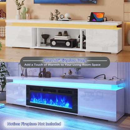 Blotout High Gloss LED TV Stand for up to 80" TVs /40" Electric Fireplace, 71" Large Entertainment Center Console Table with Power Charging Station