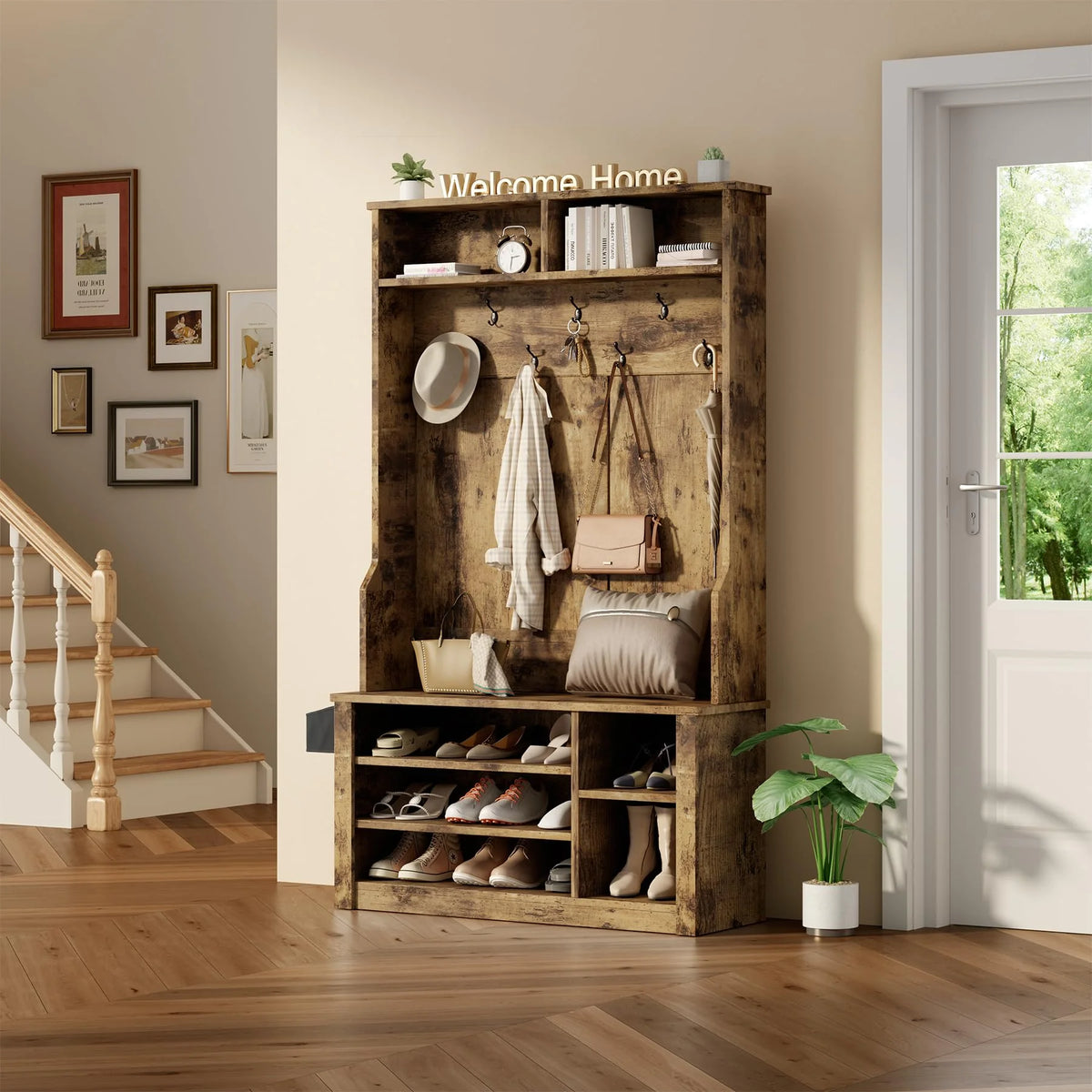 Lofka 5-in-1 Hall Tree with Bench and Shoe Storage, Entryway Hall Tree with Coat Rack, Adjustable Shoe Storage, 2-tier top storage,White