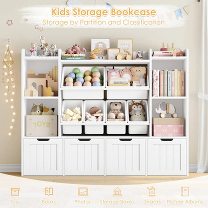 Hiphuta 3 Tier Kids Bookcase with Toy Storage Organizer, Wood Toy Organizer of 6 Boxes & 4 Removable Drawers, White