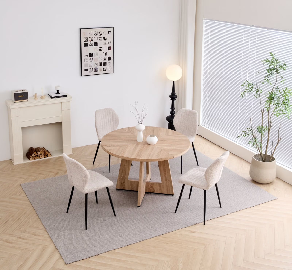 5 Piece 47'' Round Dining Table Chairs Set for 4, Farmhouse Gray Kitchen Table with 4 Boucle Mid Century Modern Dinning Room Chairs, Wood Dinner Table &Upholstered Chair Set of 4, Beige