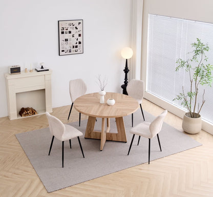 5 Piece 47'' Round Dining Table Chairs Set for 4, Farmhouse Gray Kitchen Table with 4 Boucle Mid Century Modern Dinning Room Chairs, Wood Dinner Table &Upholstered Chair Set of 4, Beige