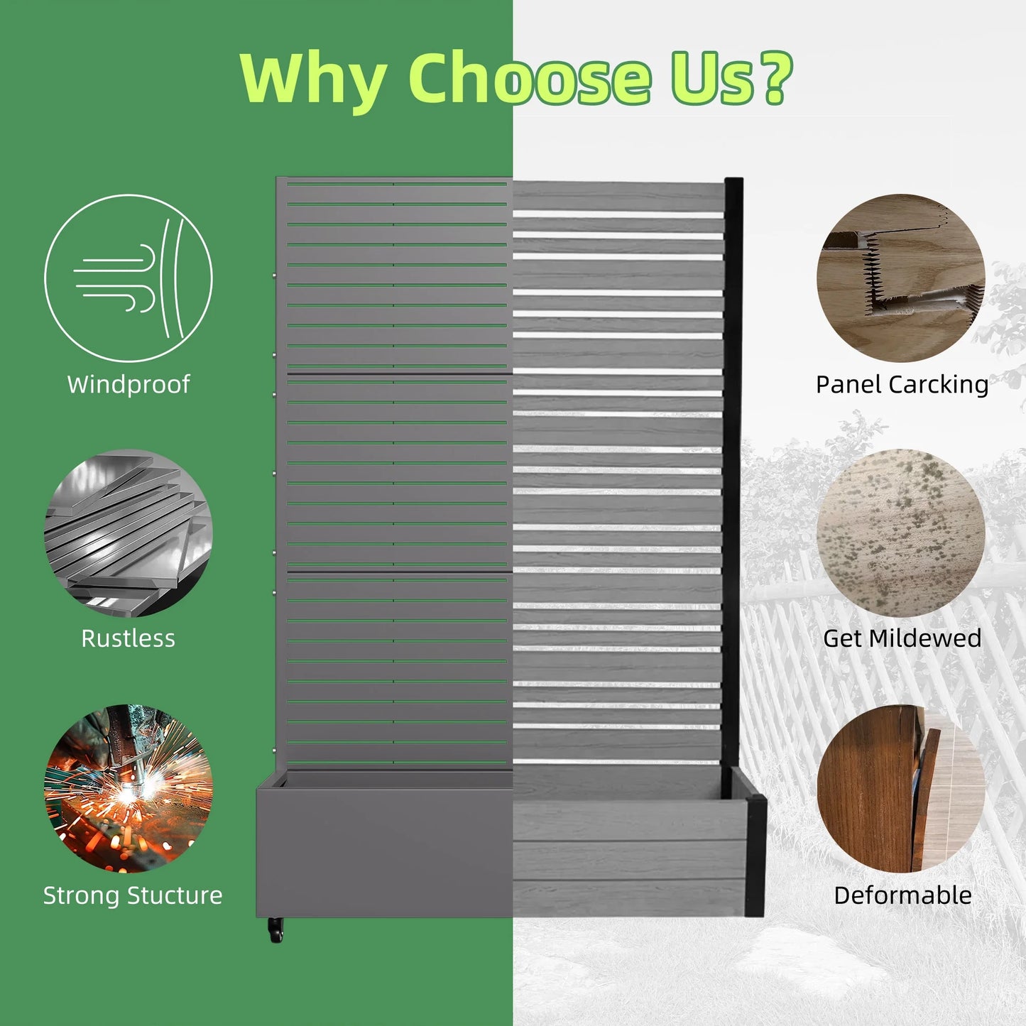 MAYEERTY 47*16*47"Outdoor White Metal Planter with Rect Louvered Climbing Trellis, Drainage hole & Wheels