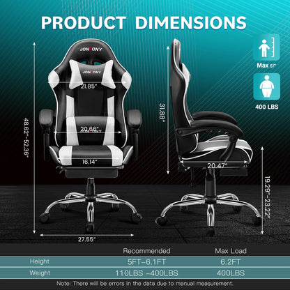 JONPONY Big and Tall Gaming Chair, Ergonomic Design, Gamer Chair PU Leather with Footrest and Lumbar Support, High Back Office Chair Support 8 Hours Long Sitting, Computer Chair,Black Grey