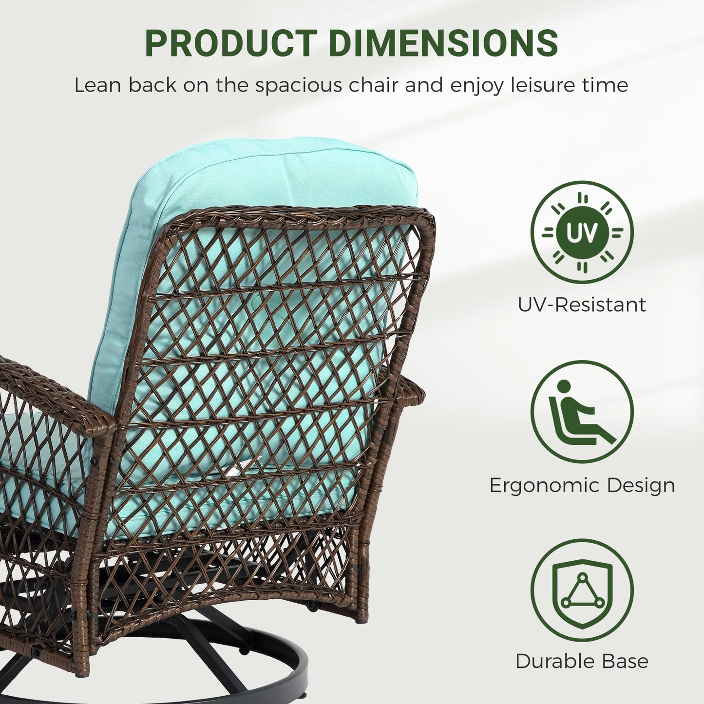 3 Piece Patio Swivel Rocker Chairs Set, 2 360-Degree Swivel Rocking Chairs with 1 Glass Top Table, PE Rattan Outdoor Bistro Set with Cushions for Balcony Deck Poolside Backyard Porch