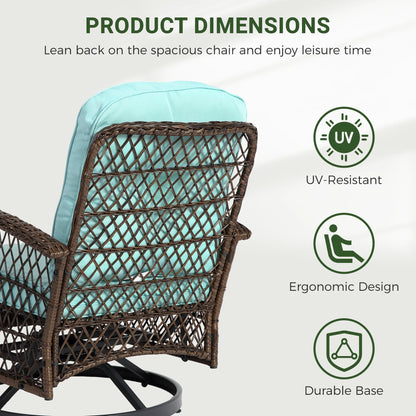 3 Piece Patio Swivel Rocker Chairs Set, 2 360-Degree Swivel Rocking Chairs with 1 Glass Top Table, PE Rattan Outdoor Bistro Set with Cushions for Balcony Deck Poolside Backyard Porch